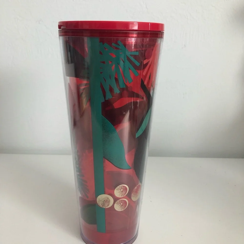 Starbucks 2019 Holiday Red Tumbler with Green Logo and Gold Accents